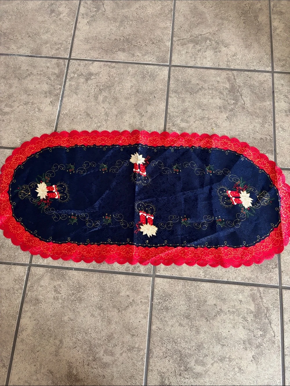 Festive Navy and Red Embroidered Holiday Table Runner